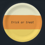 Candy Corn Trick or treat Paper Plate<br><div class="desc">A paper plate featuring candy corn stripes and trick or treat text.</div>