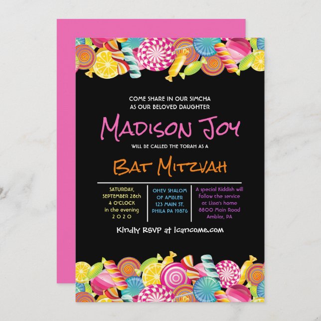 CANDY COUTURE Pink Bat Mitzvah Invitation (Front/Back)
