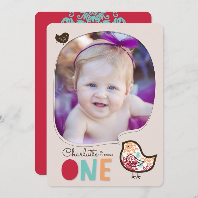 Candy Damask Chicks Girl 1st Birthday Party Invite (Front/Back)