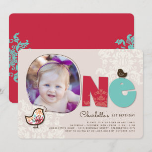 Candy Damask Chicks Girl 1st Birthday Party Invite