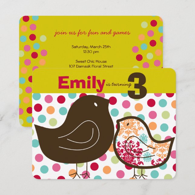 Candy Damask Chicks Girl Birthday Party Invitation (Front/Back)
