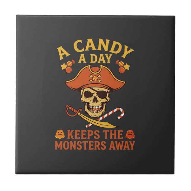 Candy Day Halloween Pirate Skull Cane Ceramic Tile (Front)