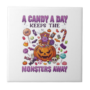 Candy Day Keeps Monsters Away Halloween Pumpkin_1 Ceramic Tile