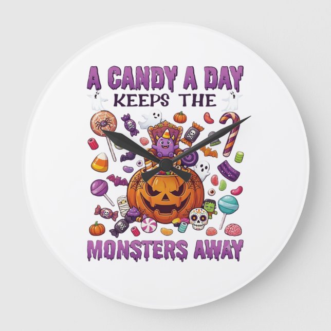 Candy Day Keeps Monsters Away Halloween Pumpkin_1 Large Clock (Front)