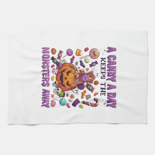 Candy Day Keeps Monsters Away Halloween Pumpkin_1 Tea Towel