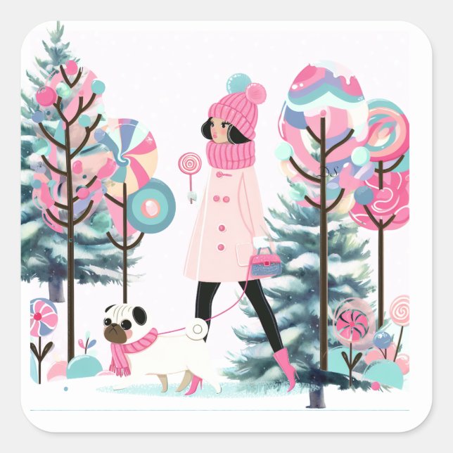 Candy Delights Girl Walking Dog  Square Sticker (Front)