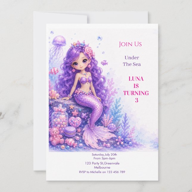 Candy Doll Mermaid 3rd Birthday Invitation (Front)