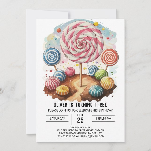 Candy Editable Lollipop Birthday Invitation (Front)