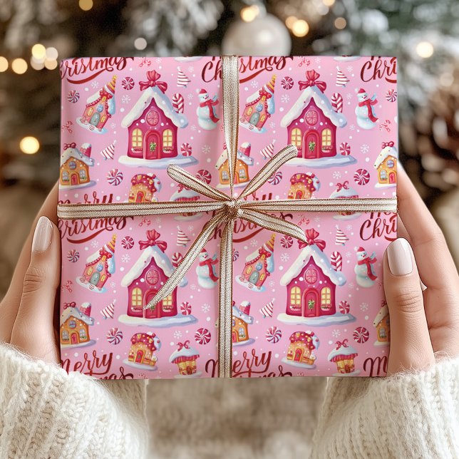 Candy Festive Whimsical Pink Merry Christmas Wrapping Paper (Candy Festive Whimsical Pink Merry Christmas Wrapping Paper)