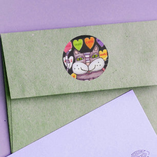 Candy Heart Purple Cat Folk Art Classic Round Sticker