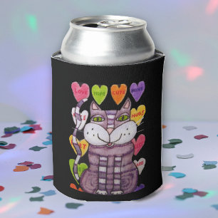 Candy Heart Purple Cat Valentine Can Cooler