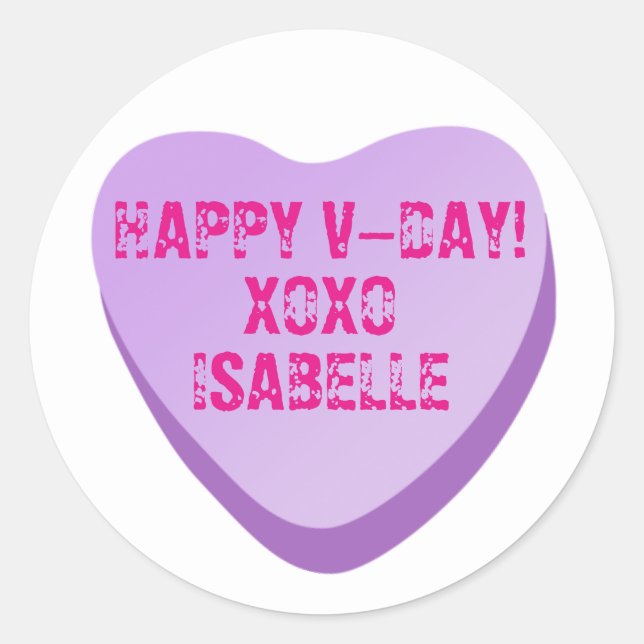 Candy Heart with Custom Text-Purple Heart on White Classic Round Sticker (Front)