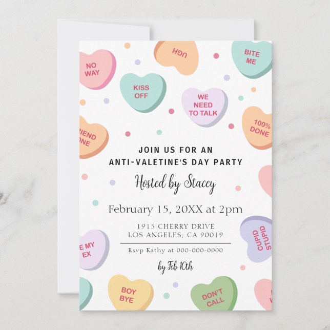 Candy Hearts Anti-Valentine's Day Party Invitation (Front)