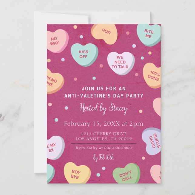 Candy Hearts Anti-Valentine's Day Party Invitation (Front)
