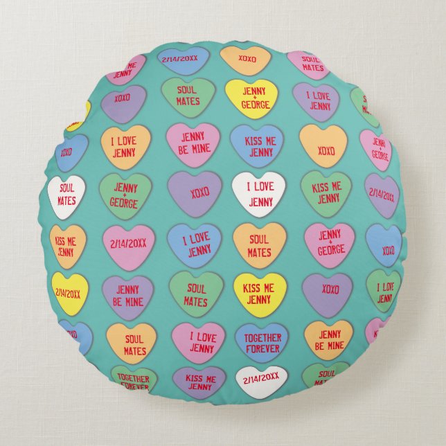 Candy Hearts Custom Messages Valentine Round Cushion (Front)