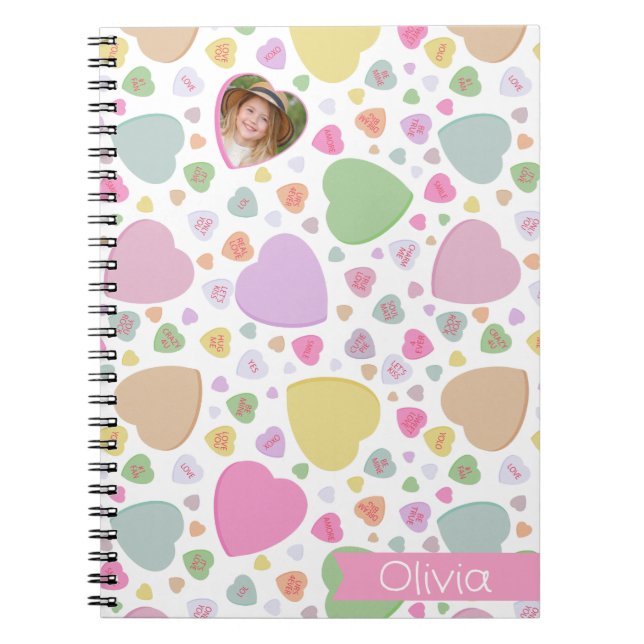 Candy Hearts Photo Valentine Notebook Custom Name (Front)