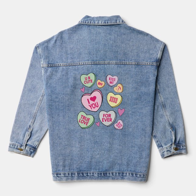 Candy Hearts Valentines Day Conversation Hearts  Denim Jacket (Back)