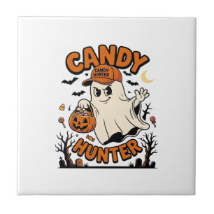 Candy Hunter Halloween Ghost Pumpkin Bucket_1 Ceramic Tile