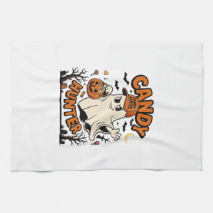 Candy Hunter Halloween Ghost Pumpkin Bucket_1 Tea Towel