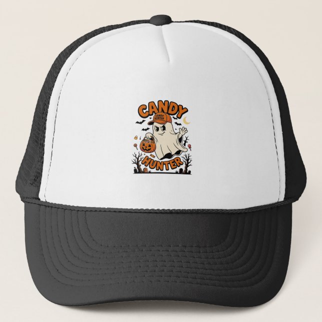Candy Hunter Halloween Ghost Pumpkin Bucket_1 Trucker Hat (Front)