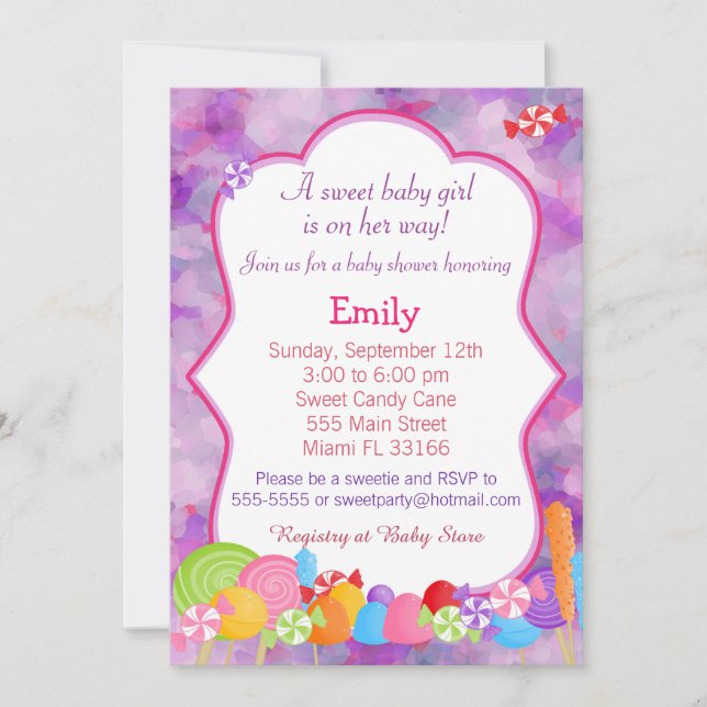Candy Invitation Baby Girl Shower Pink Purple (Front)