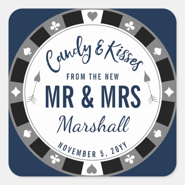 Candy & Kisses from the New Mr and Mrs Navy Poker Square Sticker (Front)