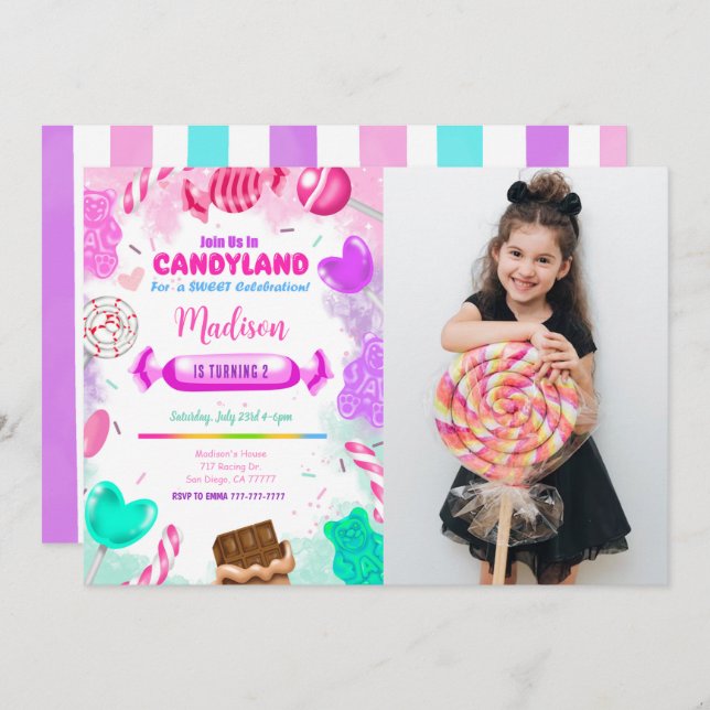 Candy land Birthday Photo Invitation (Front/Back)