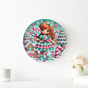Candy Land Christmas Girl" - Whimsical Holiday Large Clock