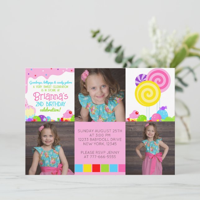 Candy Land Inspired 3 Photo Birthday Invitation (Standing Front)