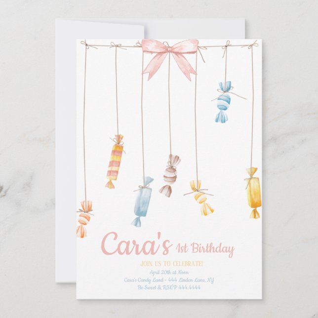 Candy land Pink First Birthday Party Invitation (Front)