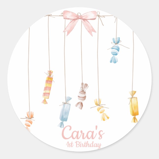 Candy land Pink First Birthday Party Invitation Classic Round Sticker (Front)