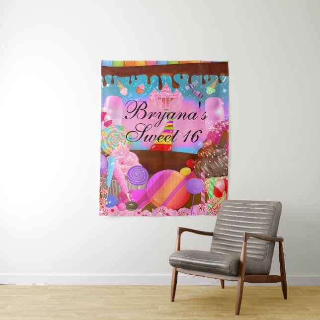 Candy Land Sweet 16 Birthday Party Backdrop Tapestry (In Situ)