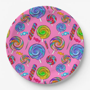 Candy Lollipop Fun Pink Rainbow Paper Plate