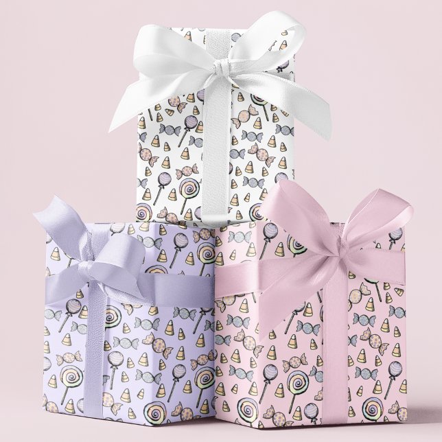 Candy & Lollipop Pattern Baby Girl Wrapping Paper Sheet (Cute Pink, White & Purple Candy & Lollipop Hand Drawn Pattern for Kids Birthday for Baby Girl. )