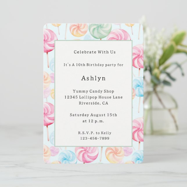 Candy Lollipops Whimsical Birthday Invitation (Standing Front)
