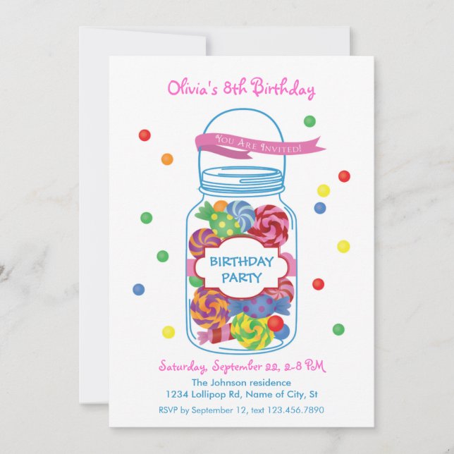 Candy Mason Jar Birthday Invitation (Front)