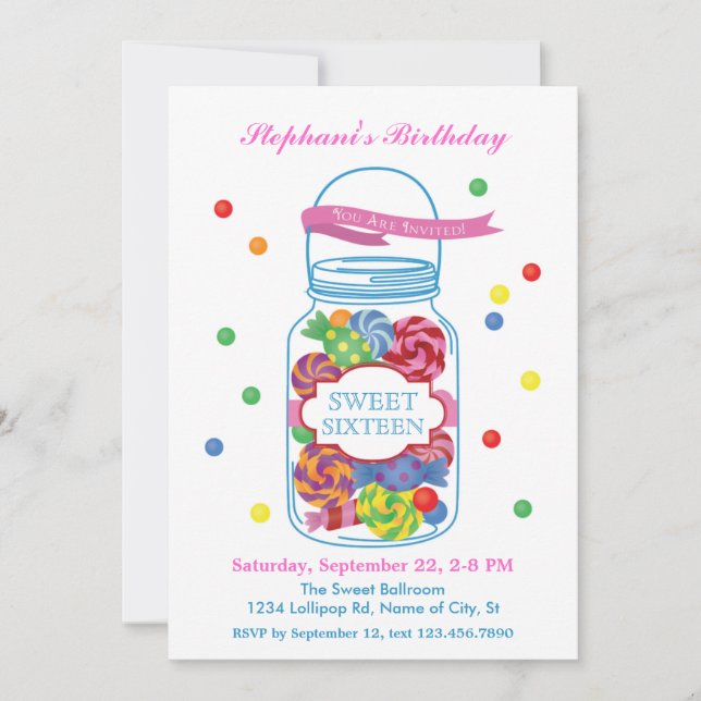 Candy Mason Jar Sweet Sixteen Invitation (Front)