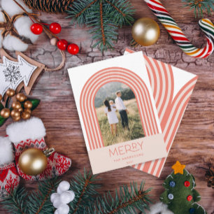 Candy pastel pink stripe rainbow 1 photo Christmas Holiday Card