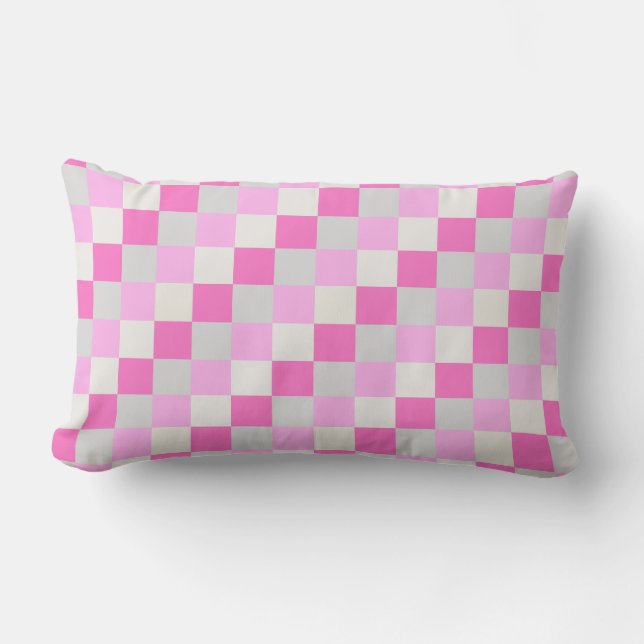 Candy Pink and White Check Pattern Outdoor Lumbar Cushion (Front)