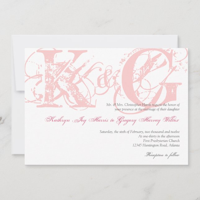 Candy pink antique grunge monogram wedding invite (Front)