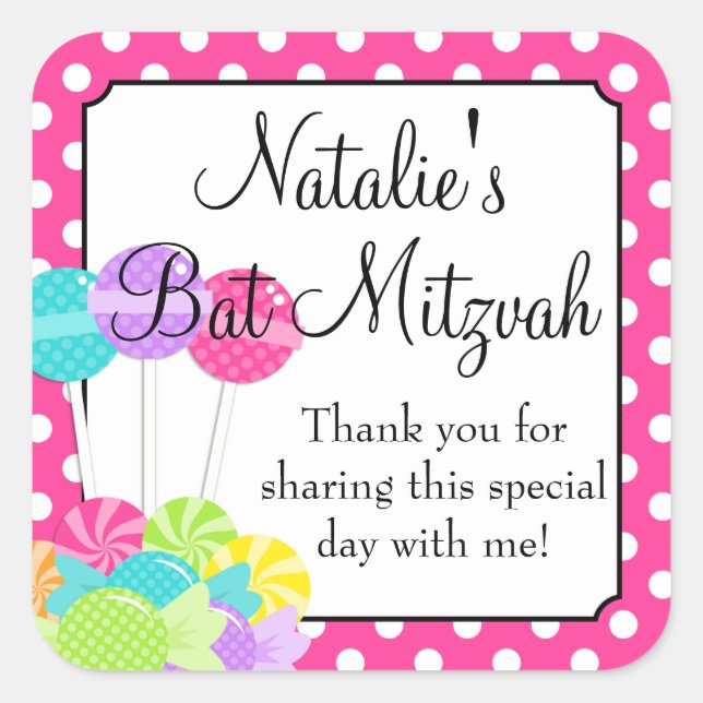 Candy Pink Polka Dot Bat Mitzvah Square Sticker (Front)