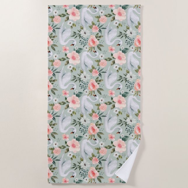 Candy Pink Roses & Swans Beach Towel (Front)