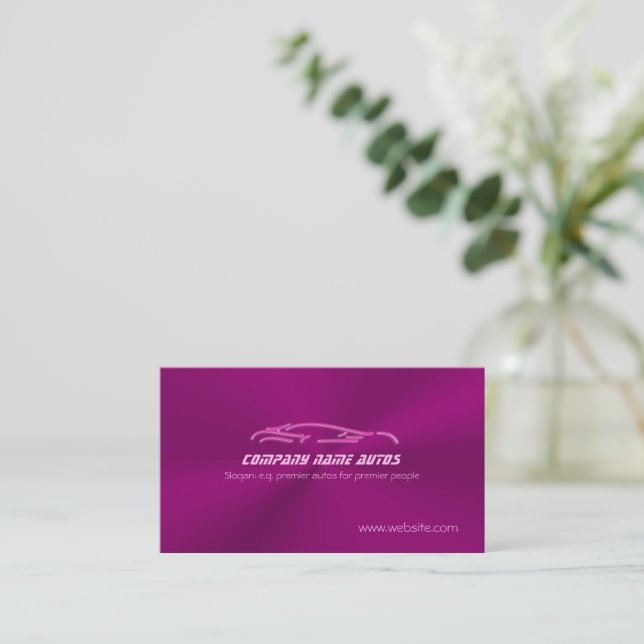 Candy Pink Sports Car on purple - auto sales Business Card (Standing Front)