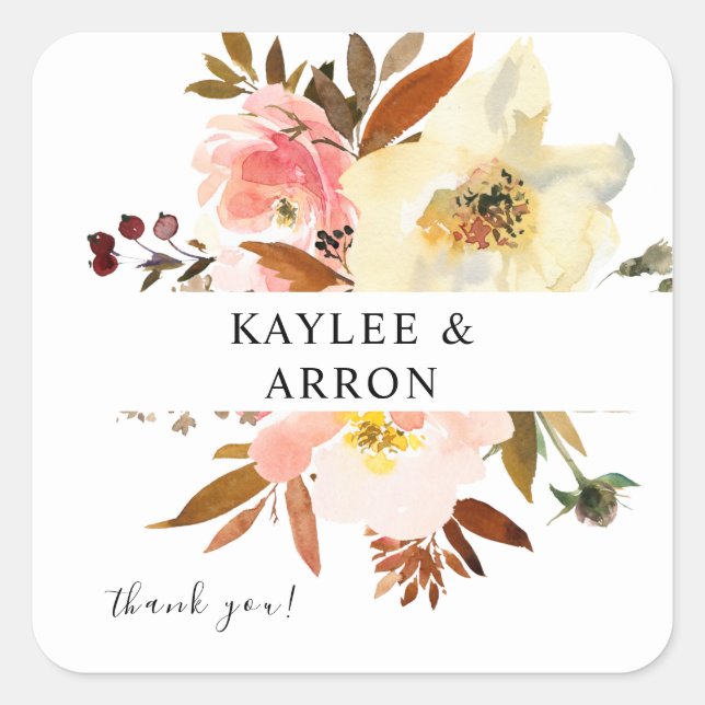 Candy Pink &Yellow Floral Thank You Square Sticker (Front)