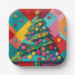 Candy Pop Art Geometric Design of a Christmas Tree Paper Plate