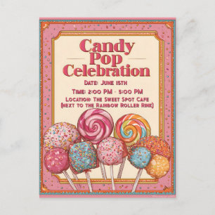 "Candy Pop Celebration" Invitation with Lollipops Postcard