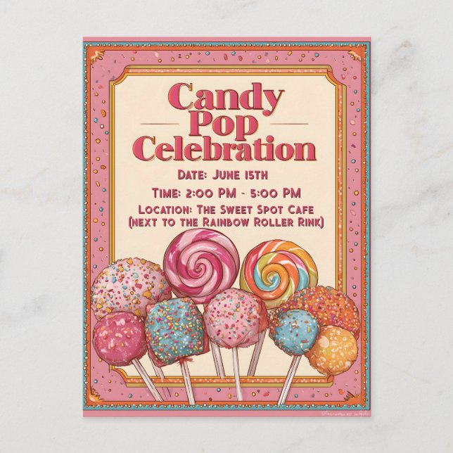 "Candy Pop Celebration" Invitation with Lollipops Postcard (Front)