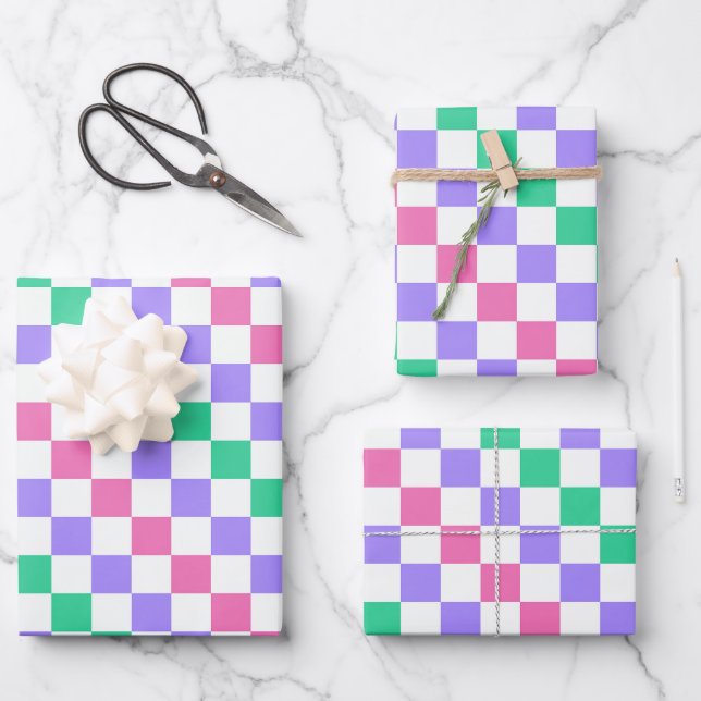 Candy shop diagonal chequerboard pattern wrapping paper sheet (Front)