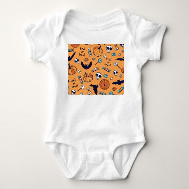 Candy Skull Pumpkin Bat Seamless Pattern. Baby Bodysuit (Front)