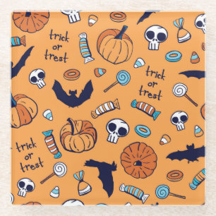 Candy Skull Pumpkin Bat Seamless Pattern. Glass Coaster